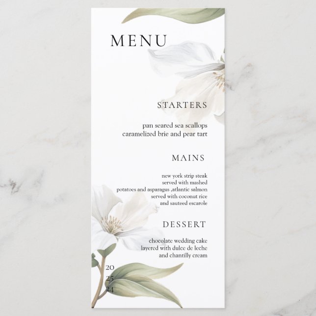 Menú Elegante Magnolia Oriental Flor Blanca Boda (Anverso)