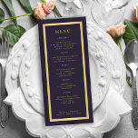 Menú Elegante marco dorado boda moderno morado oscuro<br><div class="desc">Moderno clásico de ciruela morada oscura y moderna tipografía minimalista de moda dorada,  plantilla de carta de bodas personalizada sobre un fondo vintage. Más          boda coincidente disponible en la colección.</div>