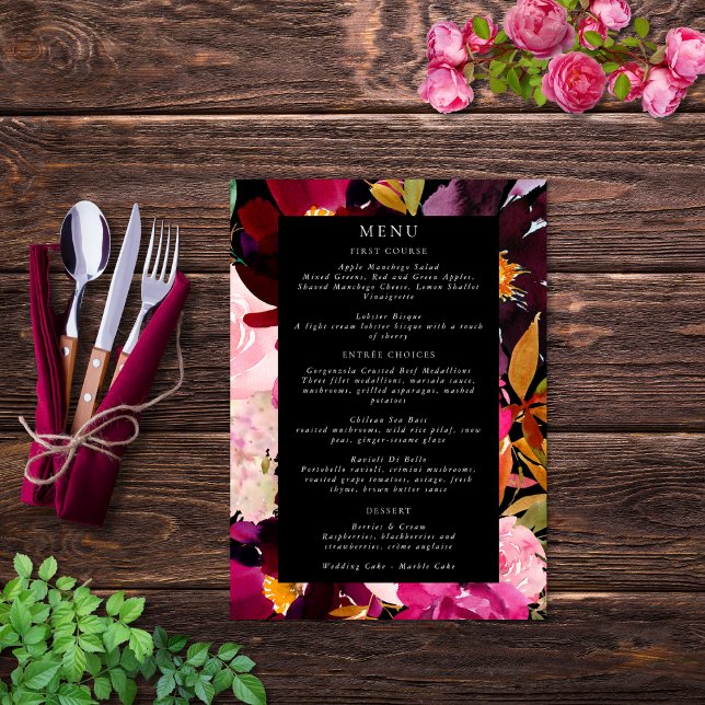 Menú Elegante marco floral rosa borgoñona negra (Subido por el creador)