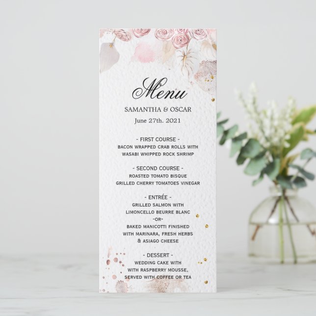 Menú Elegante marco floral rosa pastel (Anverso de pie)
