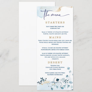 Menú Elegante Marina de Boda Azul y Oro