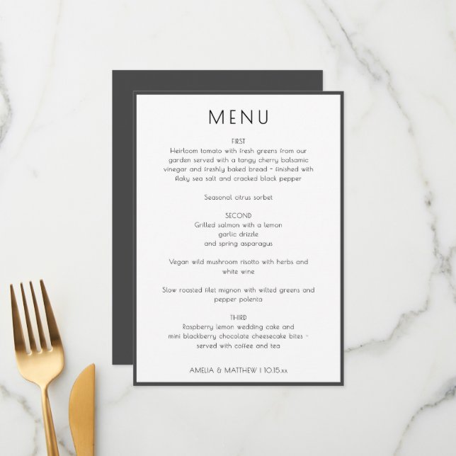 Menú Elegante Minimal Moderno Blanco Cena de Boda Simpl (Anverso/Reverso In Situ)
