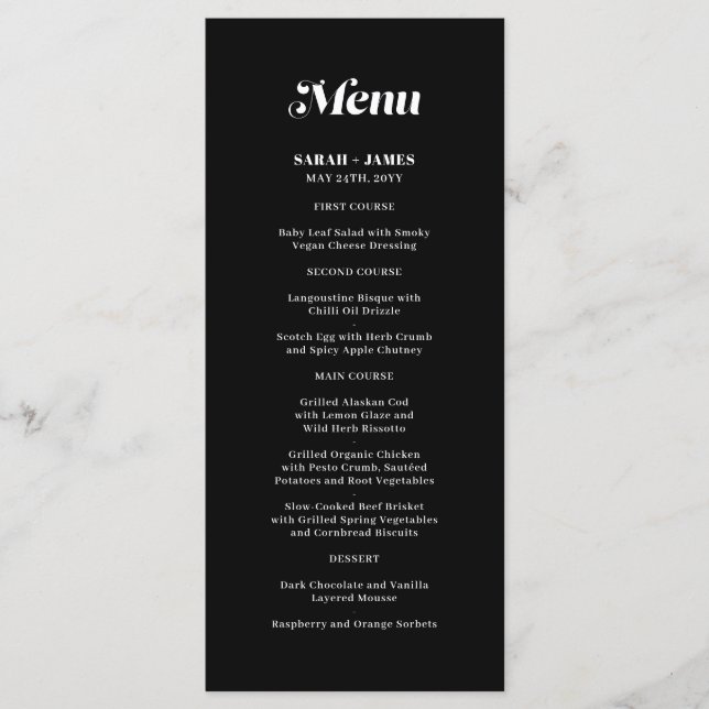 Menú Elegante Minimalista audaz caligrafía Boda negro (Anverso)