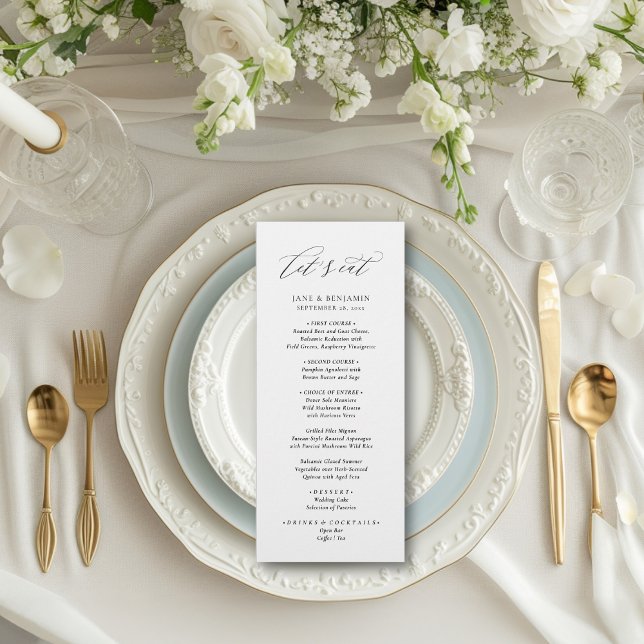 Menú Elegante Minimalista blanco simple comamos Boda (This elegant dinner menu features a chic calligraphy script font and a sleek, minimalist look.)