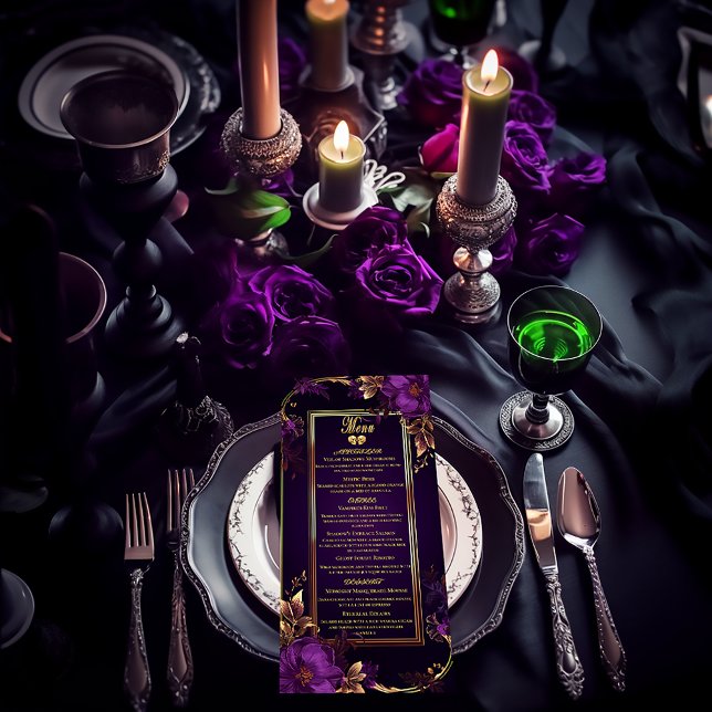 Menú Elegante místico gótico morado y Boda de oro (Elegant Vintage Gothic Purple and Gold Stylish Moody Wedding Menu)