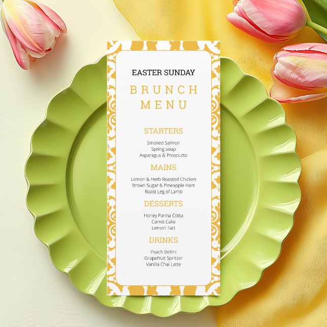 Menú Elegante Moda floral de brunch de domingo de Pascu (Elegant Yellow Easter Sunday Brunch Floral Chic Menu)