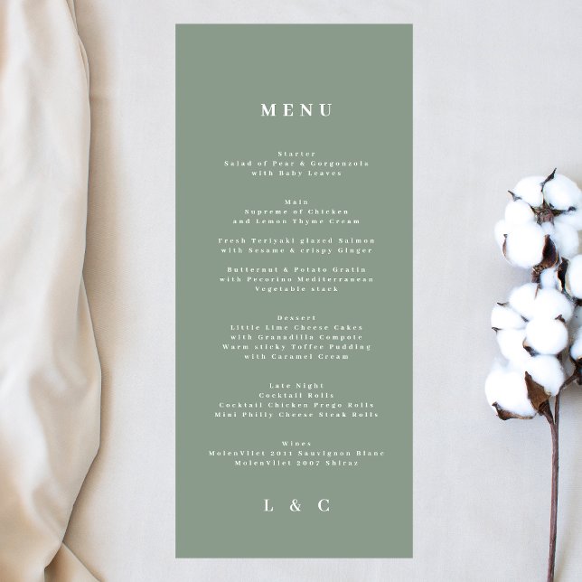 Menú Elegante Monograma Blanco Verde Sage Simple (Subido por el creador)