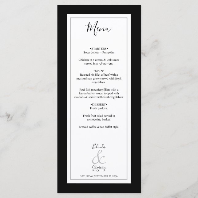 Menú Elegante Monograma Boda blanco y negro (Anverso)