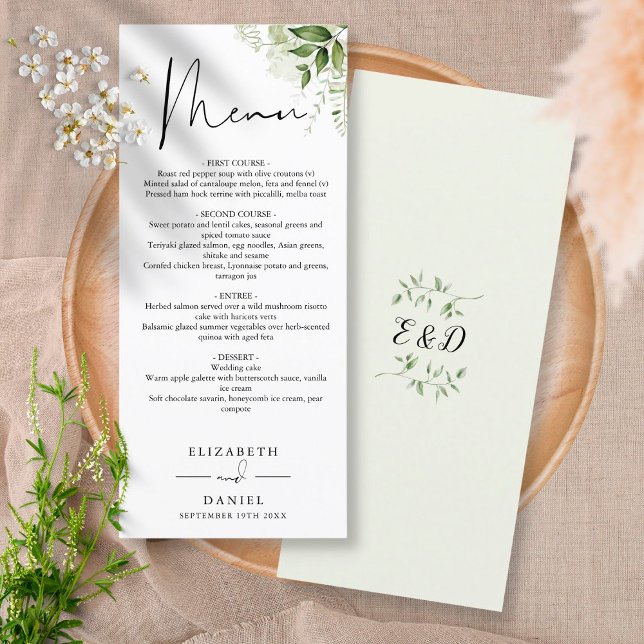 Menú Elegante Monograma de Boda Cena Rústica con Verdor (Subido por el creador)