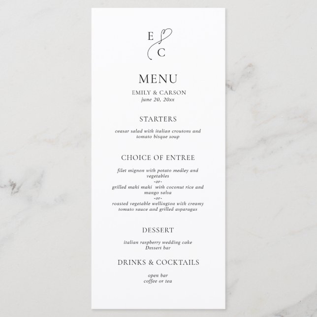 Menú Elegante Monograma de Boda en Blanco y Negro (Anverso)