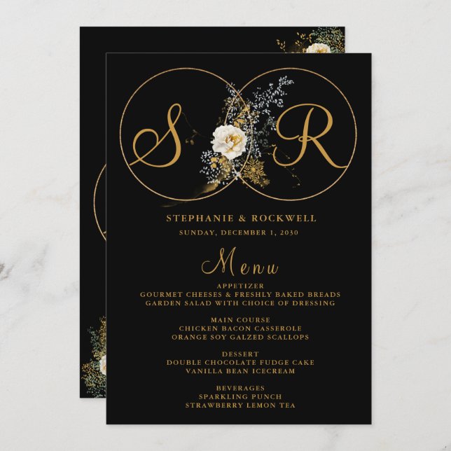 Menú Elegante Monograma dorado Floral Nombre Boda inici (Anverso / Reverso)