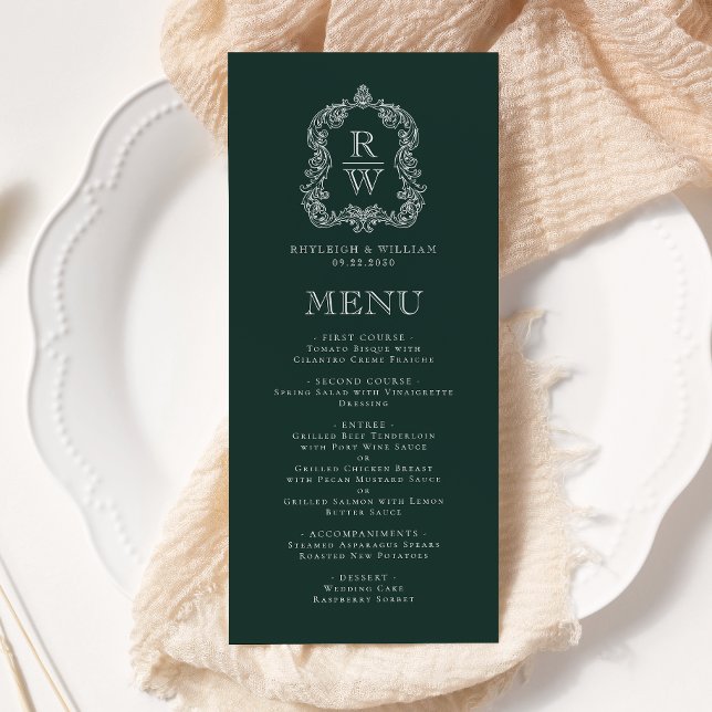 Menú Elegante Monograma Escudo Boda Verde Forestal (Subido por el creador)
