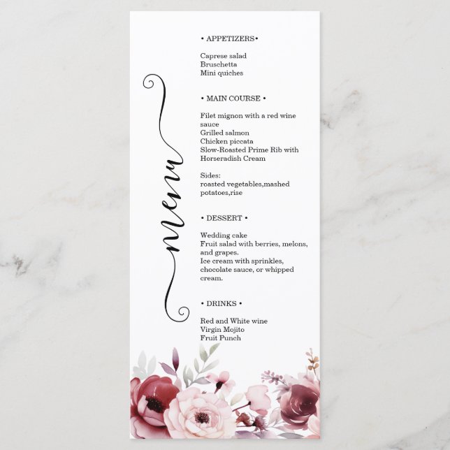 Menú Elegante Monograma Floral Boda Doble Cara  (Anverso)