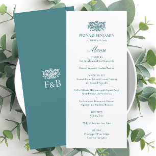 Menú Elegante Monograma Floral Vintage Boda Verde Acuar