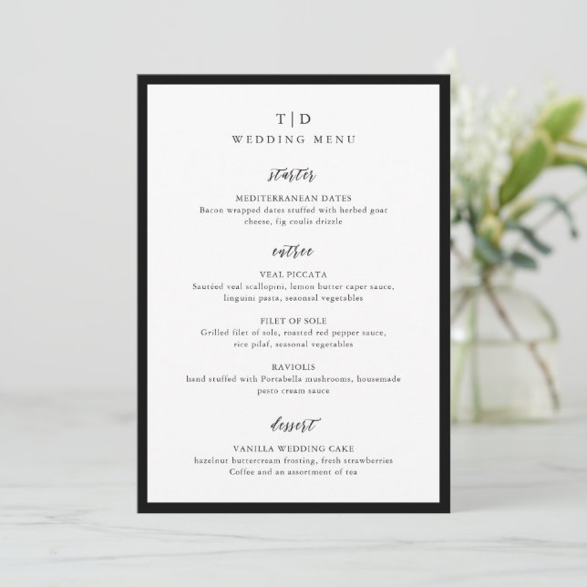Menú Elegante Monograma Negro y Blanco Boda Moderna (Anverso de pie)