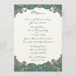Menú Elegante Monograma Paisley Colores Pavo Real Boda