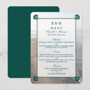 Menú Elegante Monograma y Verde azulada boda de playa d