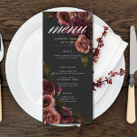 Menú Elegante Moody Boda de orejas y flores de Borgoña<br><div class="desc">Aprovecha la elegancia atemporal para tu celebración de inspiración gótica con nuestro cautivador menú boda. Un suave fondo negro proporciona el lienzo perfecto para un encantador ramo, aunque sobrio. Imaginen un arreglo de esquina de flores de rosa mudas, donde el óxido suave ruge y los ricos tonos burdeos se mezclan...</div>