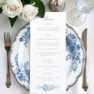 Menú Elegante mosaico floral azul y blanco