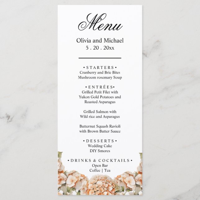 Menú Elegante naranja verde blanco boho acuarela floral (Anverso)