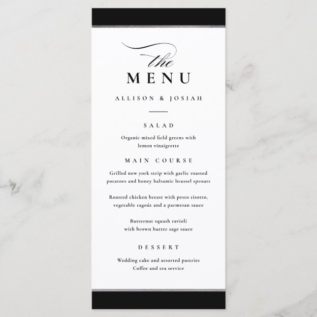 Menú Elegante negro y blanco con acento de plata (Anverso)