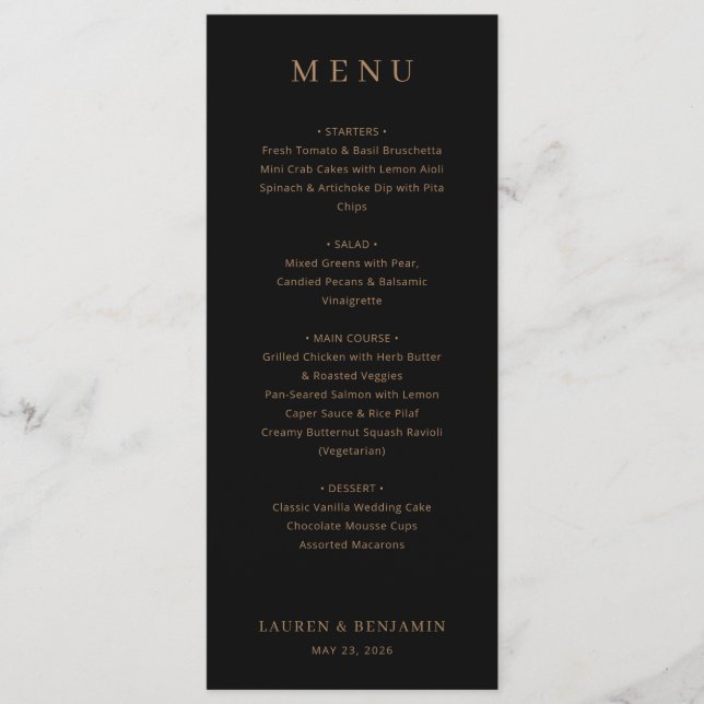 Menú Elegante Negro y Dorado (Anverso)
