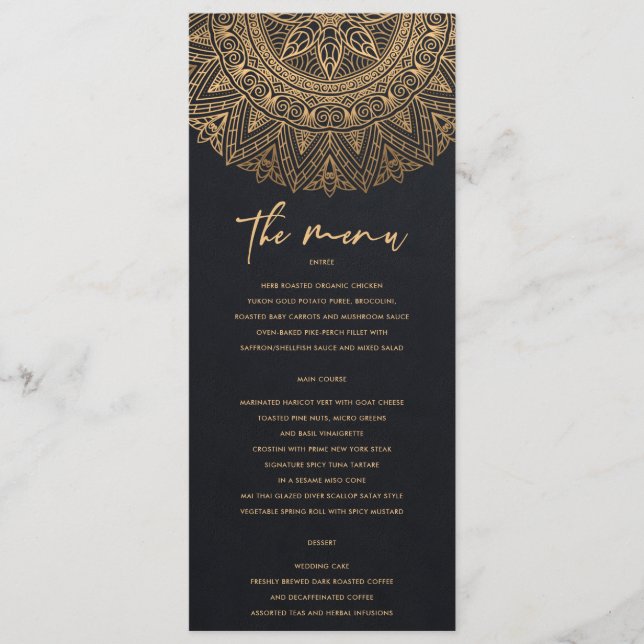 MENÚ ELEGANTE ORNADO CLÁSICO DE ORO NEGRO MANDALA BODA (Anverso)