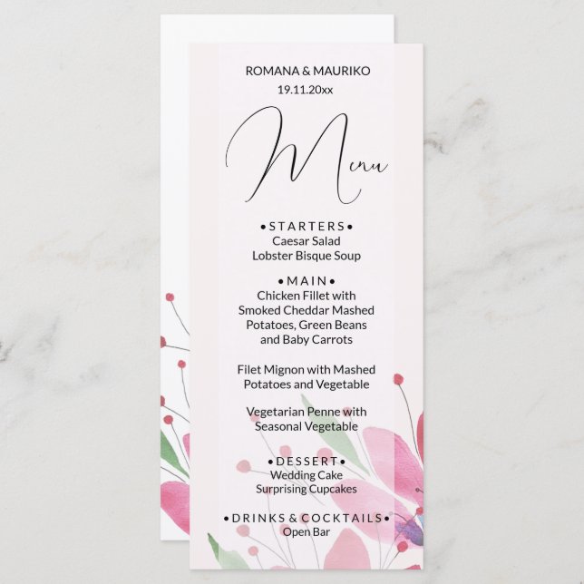 Menú Elegante País acuarela Arte Floral Rosa (Anverso / Reverso)