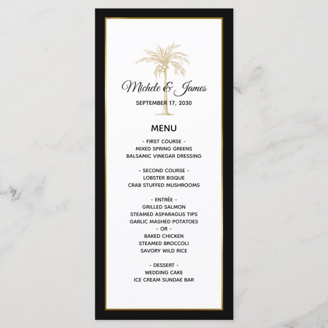 Menú Elegante palmera de oro boda moderna (Anverso)