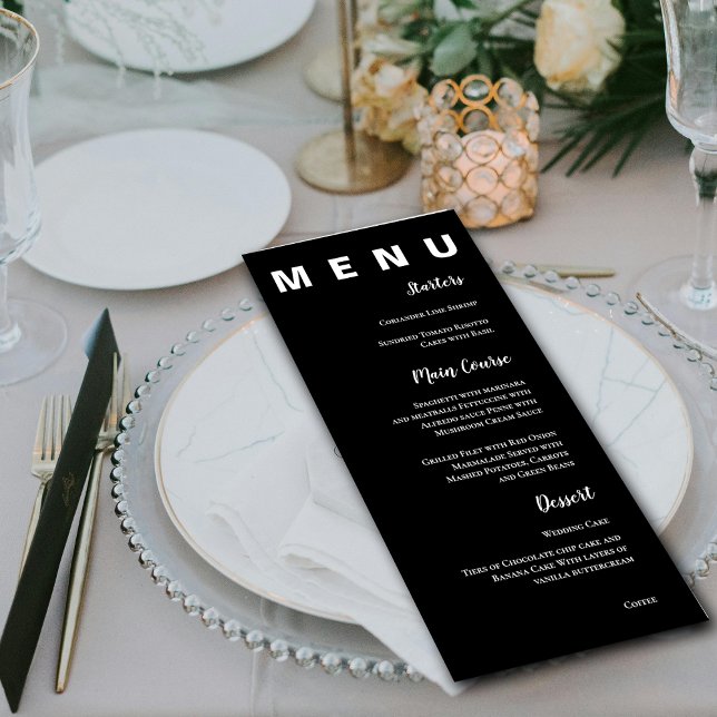 Menú Elegante partido de la boda clásica blanca y negra (Elegant Simple Black White Classic Wedding Party Menu)