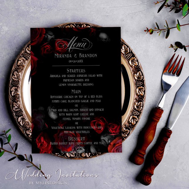 Menú Elegante Personalizado Boda floral negro y rojo (Subido por el creador)