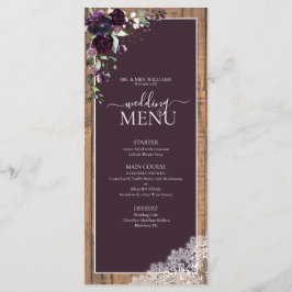 Menú Elegante Plum Purple Rustic Wood Script Boda