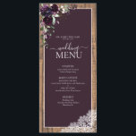 Menú Elegante Plum Purple Rustic Wood Script Boda<br><div class="desc">¡Estamos tan contentos con este moderno menú boda de ciruela morada, rústico de 4"x 9"! No fue fácil venir con un diseño rústico de ciruela morada que sentimos que cumplíamos con nuestras exigencias estéticas, pero luego lo hicimos, ¡y ahora estamos enamorados! Parte de un conjunto de bodas coincidentes. https://www.zazzle.com/store/elegant_invites_/gifts?cg=196585629586281686&pburl= Póngase...</div>