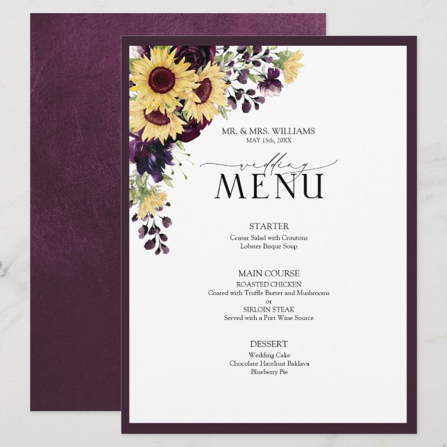 Menú Elegante Plum Purple Sunflower Boda de acuarela (Anverso / Reverso)