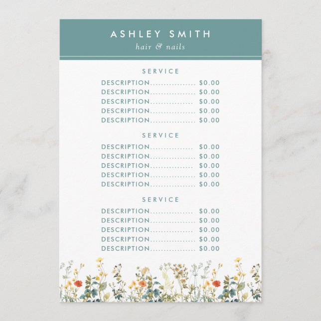 Menú Elegante precio de campo de flores silvestres (Anverso)