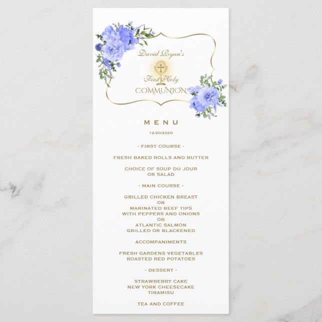 Menú Elegante Primavera Azul Floral Oro Santa Comunión (Anverso)