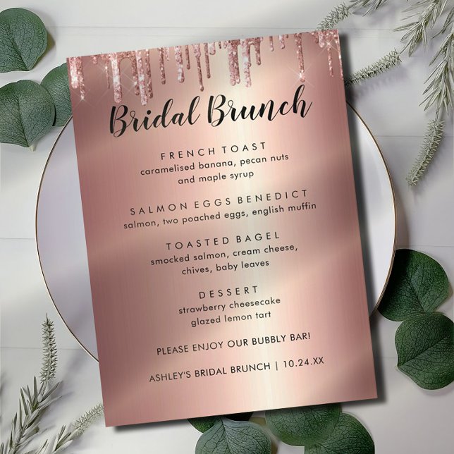 Menú Elegante Purpurina Rosa Gold Bridal Brunch (Subido por el creador)