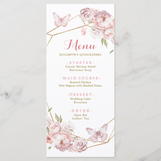 Menú Elegante Quinceañera floral geométrica rosa dorada (Anverso)