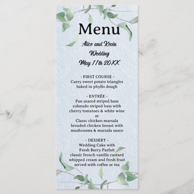 Menú Elegante rama violeta en un fondo azul cielo (Anverso)