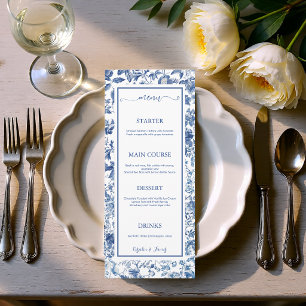 Menú Elegante Recepción de Boda Floral con Toile Azul P