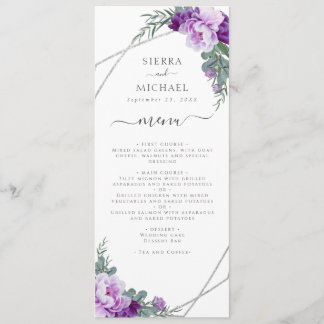 Menú Elegante recepción de Boda Floral Púrpura y Plata