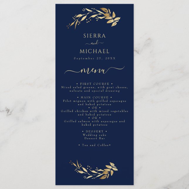 Menú Elegante recepción de bodas de oro azul de la Mari (Anverso)