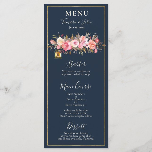 Menú Elegante recepción de luces de coral azul de la ma (Anverso)