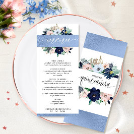 Menú Elegante Relieve metalizado azul floral azul y ros