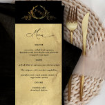 Menú Elegante Relieve metalizado dorado Faux Monogramed<br><div class="desc">Elegante boda negro y Relieve metalizado de oro falso de la cena Carta del menú con exquisito monograma dibujado a mano en falso Relieve metalizado de oro. Diseño con un borde negro superior mostrando el monograma en Relieve metalizado de imitación dorado. Sección inferior en una hermosa imagen de fondo de...</div>