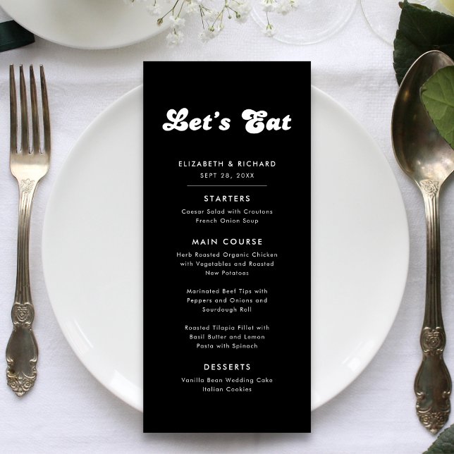 Menú Elegante Retro Boda de Comamos en Blanco y Negro (Stylish retro black and white wedding menu adds charm while guiding guests to dine elegantly)