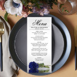 Menú Elegante Rosa azul de la Marina con Boda de Reflex<br><div class="desc">Este bonito menú le dará un toque de elegancia a la recepción de bodas. Su diseño es bonito y romántico, con un único rosa de color azul marino en su lado que se refleja en una piscina de agua con olas y olas. Hay espacio para los nombres de la pareja...</div>
