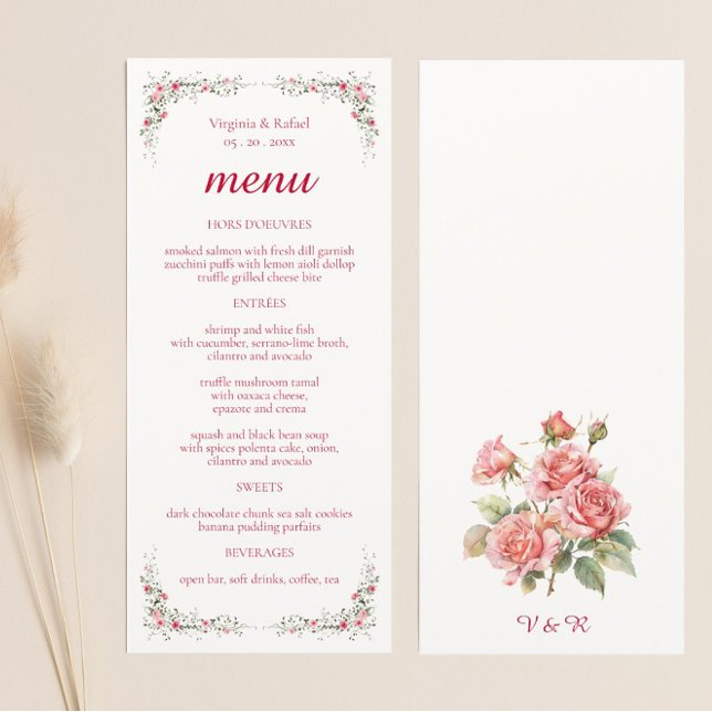 Menú Elegante Rosa Boda de acuarela (Elegant Rose Watercolor Wedding Menu Cards)