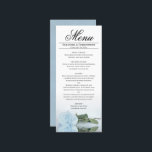 Menú Elegante Rosa Boda de color azul turbio y claro<br><div class="desc">Este bonito menú le dará un toque de elegancia a la recepción de bodas. Tiene un bonito y romántico diseño, con un único rosa azul polvoriento en su lado reflejado en una piscina de agua con olas y olas. Hay espacio para los nombres de la pareja y la fecha del...</div>