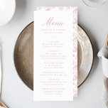 Menú Elegante Rosa Chinoiserie Boda floral victoriano<br><div class="desc">Disfrute de una experiencia gastronómica impresionante con nuestro elegante menú Rosa chino-rosado con boda floral. Con una elegante caligrafía de rosa polvorienta sobre un fondo blanco y fresco, este menú de personalizable permite a las parejas añadir nombres, fechas bodas y propuestas de menú personalizadas. En la parte trasera se exhibe...</div>